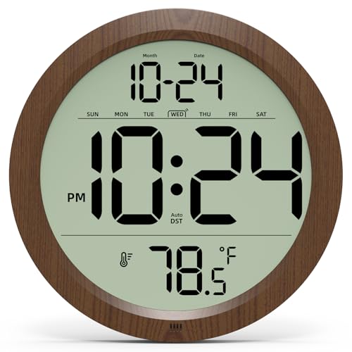 Digital Wall Clock Battery-Operated, 8 Inch Small Decorative Modern Wood Wall Clock with Date, Temperature, Auto-DST, Silent Electric Wall Clock for Bedroom, Living Room, Kitchen, Office, Farmhouse