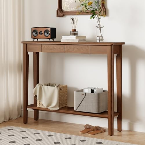 AQIMUELE Wood Console Table with Drawers, Walnut - color: Walnut