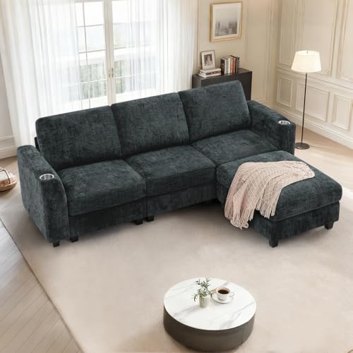 87" Chenille 3 Seater Couch with Soft Ottoman, Grey | L-Shape Sectional Sofa with Durable Cup Holders, Upholstered Sofa with Comfy Backrests for Living Room, House - color: Grey, size: 87" L-Shape
