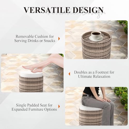 Cabana Chic Nesting Tables with Ottomans, Outdoor Round Side Table, Nesting Coffee Table Set, 2 Tables 1 Ottoman, Brown/Beige - color: Brown/Beige