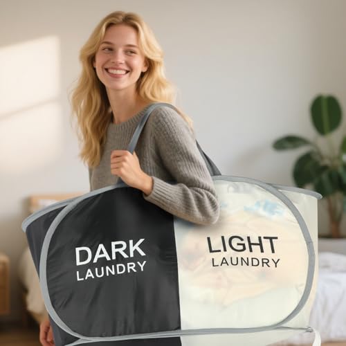 Seefoo Dual Compartment Laundry Hamper with Handles, Collapsible Laundry Baskets 2-Section, Dark/Light Labeled Storage Foldable Clothes Hamper for Laundry, Portable for Small Spaces, Apartment, Dorm
