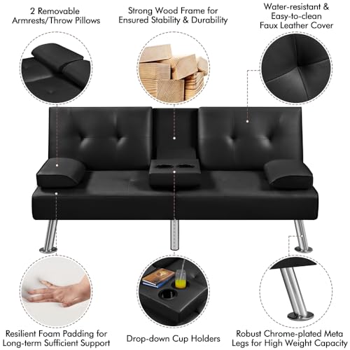 Yaheetech Convertible Futon Sofa Bed Loveseat with Cup Holder, Black | 3 Angles Sofa, Recliner Chair, Bed, Compact Faux Leather Love Seat for Living Room, Kids Guest Room, Dorm, Small Apartment - color: Black