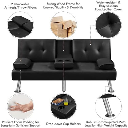 Yaheetech Convertible Futon Sofa Bed Loveseat with Cup Holder, Black | 3 Angles Sofa, Recliner Chair, Bed, Compact Faux Leather Love Seat for Living Room, Kids Guest Room, Dorm, Small Apartment - color: Black