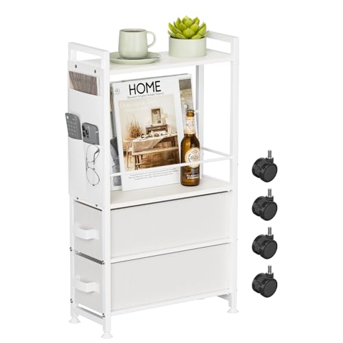 Oppro 2 Drawer Small Narrow Side End Table, Slim Nightstand with Wheels | Space Saving Skinny Thin Couch Desk with Storage Bag for for Small Spaces Bedroom Living Room Bathroom Sofa, White - color: White, size: 2 Drawers