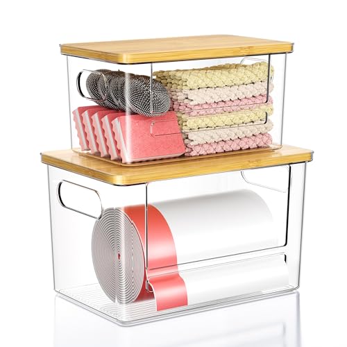 Trash Bag Dispenser 2 Pack, Stackable Trash Bag Holder with Bamboo Lid – Clear Plastic Garbage Bag Organizer for 4-33 Gal Bags, Space-Saving Under Sink Organizer for Kitchen, Laundry, Pantry - size: XL+S