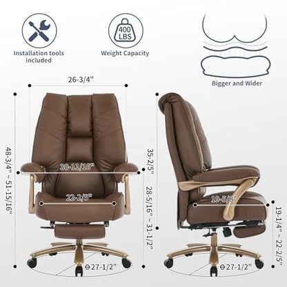 EXCEBET Big and Tall Executive Office Chair with Footrest, 400LBS Capacity Ergonomic High-Back Desk Office Chair with Lumbar Support, Padded Armrests & Thick Cushion, Brown PU Leather Chairs - color: Brown