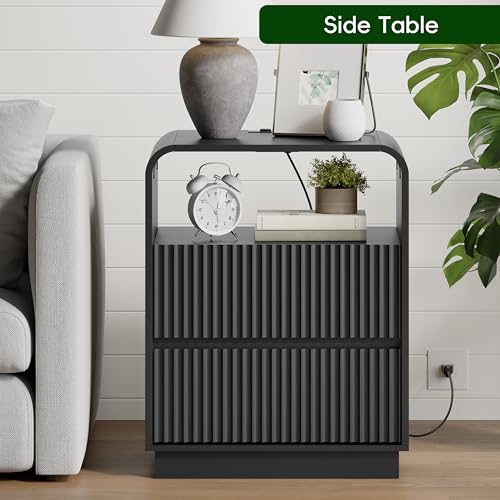 Black Nightstands Set of 2 with Charging Station, Mid Century Modern End Tables & Bedside Tables, Fluted Wood Small Night Stands with 2 Hidden Drawers and Storage Shelf for Bedroom - color: Black, style: 2 Drawers-2 PCS