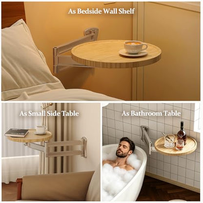 Wall Mounted Folding Table,Retractable Small Bamboo Drop Down Floating Wall Desk,11.8" Round Wood Tabletop with Aluminum Alloy Brackets,Bedside Wall Shelf Drop Top Desk,Fold Down Nightstand