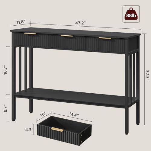 MAHANCRIS 47.2" Console Table with 3 Drawers, Fluted Black Entryway Table | Narrow Long Entry Table with Storage Shelf, Sofa Table for Entryway, Living Room, Foyer, Hallway, Office, Black Gold CTHB5201 - size: 11.8"D x 47.3"W x 32.3"H