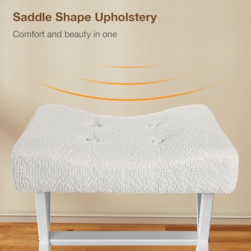18-Inch Large Vanity Stool Chair, White Makeup Stool | Teddy Flannel Vanity Bench, Metal X-Leg, 350 LBS, 20"x16.9"x18", Ottoman Accent Stool, Breathable Soft Padded Saddle Seat - size: Large, style: White Fabric