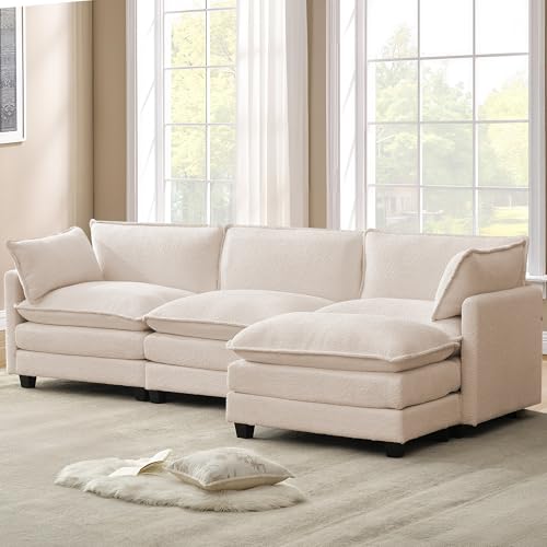 ROWHY 112'' Modular Sectional Cloud Couch with Movable Ottoman, 4 Seat Modern Chenille Sofa, Deep Seat L Shaped Couch for Living Room Bedroom Apartment,Cream White - color: Cream White, size: 112''
