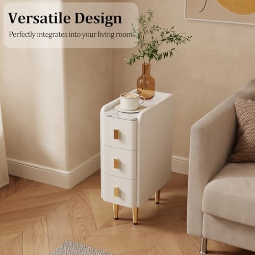 AQIMUELE Narrow Nightstand with Drawers, Narrow Side Table Leather, Small Bedside Tables for Bedroom. (White) - color: White, size: 7.8"W x 15"D x 22.8"H