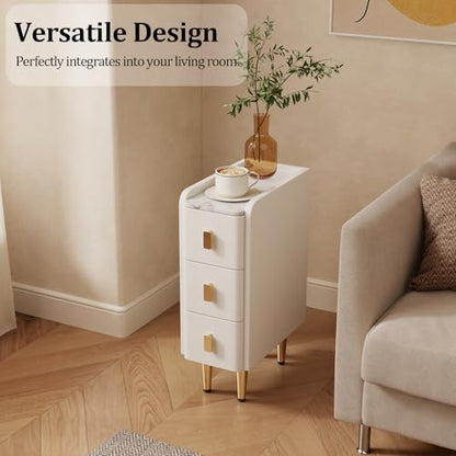 AQIMUELE Narrow Nightstand with Drawers, Narrow Side Table Leather, Small Bedside Tables for Bedroom. (White) - color: White, size: 7.8"W x 15"D x 22.8"H