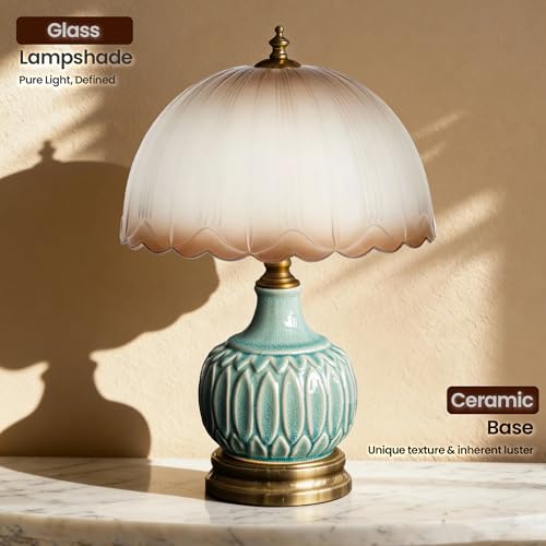 Vintage Green Ceramic Small Table Lamp with Amber Glass Shade | 15.7" Plug In Dimmable Nightstand Accent Desk Lamp for Bedroom Bedside & Cottage, Aesthetic Home Decor, Bulb Included - style: Bamboo Leaf+Gradient Glass