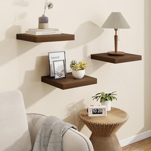 Square Floating Shelves for Wall, 10"W x 10"D x 1.25"H, 3 Packs Small Wall Mounted Engineered Wood Shelves with Invisible Brackets for Living Room, Bedroom, Bathroom, Kitchen Decor, Walnut - color: Dark Walnut, size: 10"W x 10"D, 3 Packs