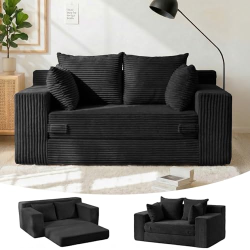 55" Small Boneless Couch, 3-in-1 Boneless Loveseat Sleeper Sofa Bed Convertible Sofa Bed with 4 Pillows, Black Corduroy Boneless Couch for Living Room, Guest Room, Small Space, No Assembly Required - color: Black, size: Loveseat (55")