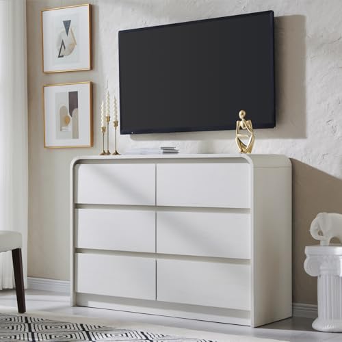 Aitjunz Modern 6 Drawers Dresser for Bedroom, 47" Wide Wood Dressers & Chests of Drawers with Curved Profile Design, Mid Century Modern Dresser for Closet for Bedroom, Living Room, Antique White - color: White, size: 15.5"D x 47.2"W x 33.9"H (6 Drawers)