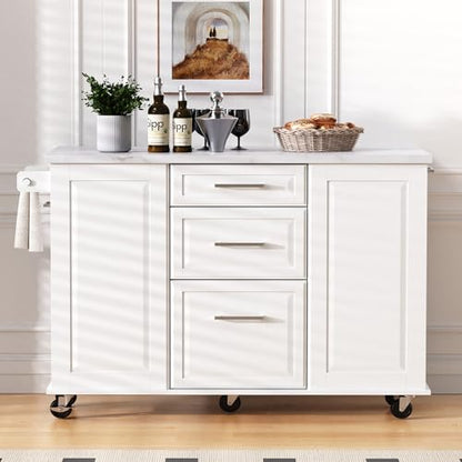 50.7" Kitchen Island with Storage Tilt Trash Can Cabinet and Pull Out Cabinet Organizer, Rolling Kitchen Island on 5 Wheels with Drop Leaf (White/tt) - color: White/Tt)