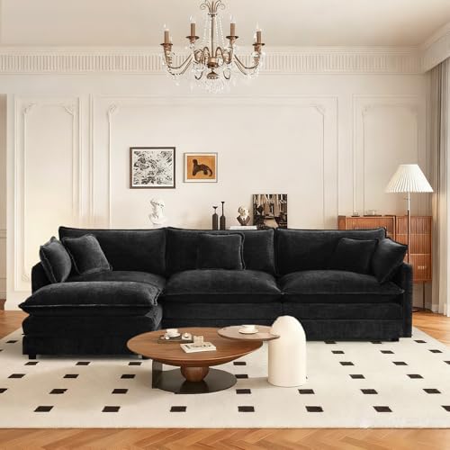 103.8" Chenille L Shaped Modular Sofa with Ottoman,Black | Randomly Assemble Modular Sofa Sets, Modern Recliner Deep Seat Sofa Set for Living Room,Office - color: Black, size: 3S+1O