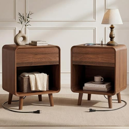 Nasonet Small Night Stand Set 2, 17.7'' Wide Bedside Table with Charging Station, Mid Century Modern Nightstands with Drawers, End Table for Living Room, Curved Beveled Design, Walnut - color: Walnut, size: 1 Drawer