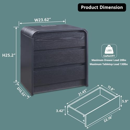 Aitjunz 25" Tall Modern Nightstand with Charging Station, 23.6'' Wide Wood Bedside Table w/3 Storage Drawers, Small Dresser w/Curved Profile Design, End Table for Bedroom, Black - color: Black