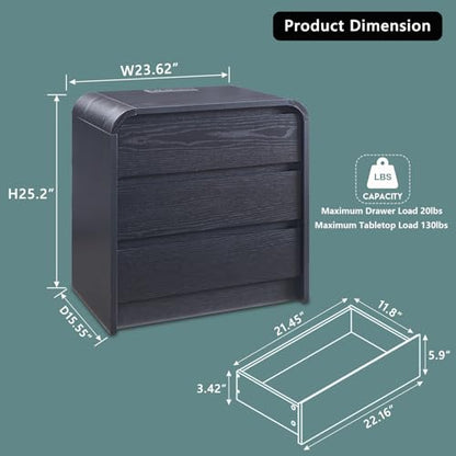 Aitjunz 25" Tall Modern Nightstand with Charging Station, 23.6'' Wide Wood Bedside Table w/3 Storage Drawers, Small Dresser w/Curved Profile Design, End Table for Bedroom, Black - color: Black