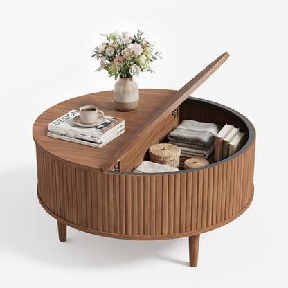 31.5" Round Coffee Table with Lifting Top, Storage for Living Room, Walnut | Fluted Center Table, Mid Century Modern Design for Home Office and Small Space with 4 Hidden Compartments - color: Walnut