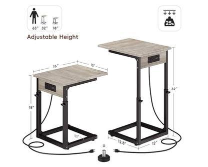 C Shaped End Table with Charging Station, Adjustable Height Side Table for Couch, C Table End Table Couch Table that Slide Under, Sofa Table TV Tray Arm Tables for Living Room, Bedroom, Gray - color: Greige, style: Charging Station