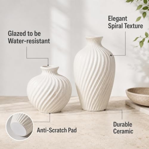 White Ceramic Vase Set of 2|Flower Vase for Home Decor with Rustic Textured