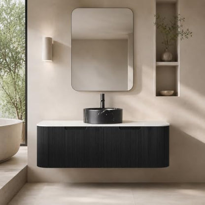 48" Floating Bathroom Vanity with Sink, Wall Mounted Plywood Cabinet, Black Fluted Front, Sintered Stone Countertop, Black Marble-Look Round Ceramic Vessel Sink, Soft-Close Drawer, Pre-Assembled - color: Black Cabinet / Black Marble Sink, size: 48 Inch