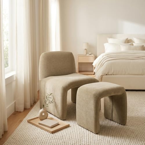 Hyfirm Accent Chair with Matching Side Table, Sculptural Design, Khaki | Sculptural armless reading chair with matching upholstered side table for living rooms, bedrooms, and reading nooks - color: Kakhi Chenille