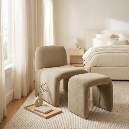 Hyfirm Accent Chair with Matching Side Table, Sculptural Design, Khaki | Sculptural armless reading chair with matching upholstered side table for living rooms, bedrooms, and reading nooks - color: Kakhi Chenille