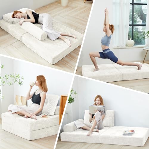 Convertible Floor Couch,NoWall Needed Sleeper Lounger Space-Saving | Convertible couch provides ample guest resting space.Detachable washable cover maintains long-term freshness and cleanliness. - color: Creamy Apricot, size: Twin
