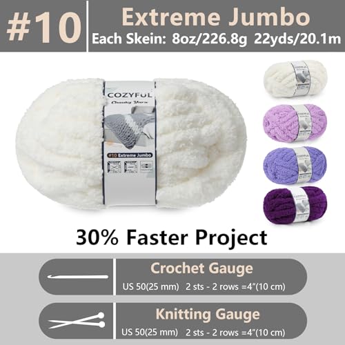 Cozyful Chunky Yarn for Hand Knitting - #10 Chunky Chenille Yarn, Jumbo Big Thick Chunky Yarns for Crocheting, Super Bulky Chunky Knit Blanket Yarns, 8 Skein (22yd, 8oz/Skein), Cream & Multi Purple - color: Cream & Lavender & Purple & Dark Purple