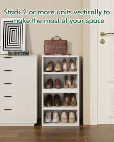 2 Tier Small Shoe Storage Bench White US-FHXD01W | hold up to 4 pairs of shoes, with Adjustable Middle Shelf, Padded Seat Cushion,cut-out handle - color: White