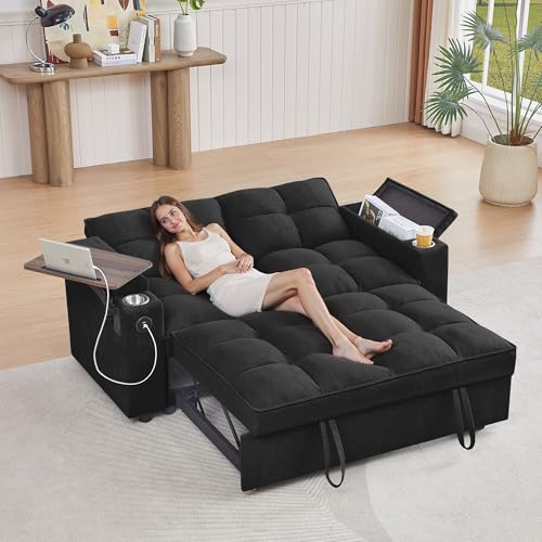 66" Multi-Functional Pull-Out Sofa Bed with Hidden Side Table, Storage Armrests, Built-in Charging Port, Spring Mattress, Solid Wood Frame – Ideal for Small Spaces, Easy Assembly - color: Fashion White