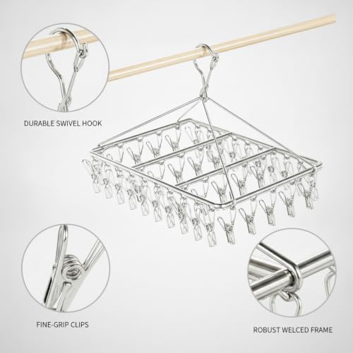 17.72 x 11.65 Inch Stainless Steel Drying Rack with Clips, Compact Laundry Organizer for Balcony or Kitchen Sink