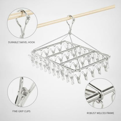 17.72 x 11.65 Inch Stainless Steel Drying Rack with Clips, Compact Laundry Organizer for Balcony or Kitchen Sink