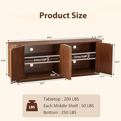 Fluted TV Stand for TVs Up to 75 Inch, Walnut Mid Century Modern TV Console for Living Room, Entertainment Center with Storage, Wood Media Console Cabinet - color: Walnut