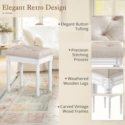 LUE BONA Upholstered Fabric Vanity Bench Seat, Makeup Stools for Vanity, Square Tufted Ottoman Bench with Carved White Legs for Bedroom Living Room, Linen Color - color: Linen and White