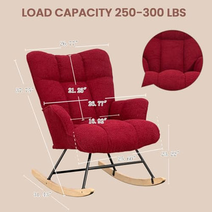 Rocking Chair Nursery Teddy Upholstered Glider Rocker Rocking Accent Chair Padded Seat with High Backrest Armchair Comfy Side Chair for Living Room Bedroom Offices (Burgundy Teddy) - color: Burgundy