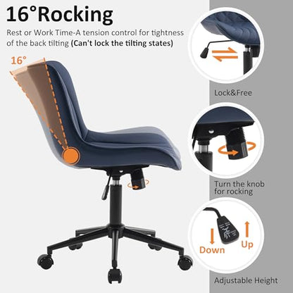 YOUTASTE Navy Blue Office Chair, Faux Leather Armless Desk Chair with Wheels, Height Adjustable, Swivel, Rocking, 300 lbs Capacity, Metal Base, for Home Office Vanity, Purple - color: Navy Blue