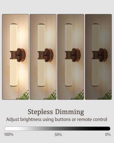 Rayogale Walnut Wireless Battery Operated Wall Sconces with Remote Control | White Glass Rechargeable Wall Lights Set of 2 with Timer Function Dimmable for Living Room Bedroom Emergency 3000K, 20.5 Inch - color: Walnut(White Lampshades)