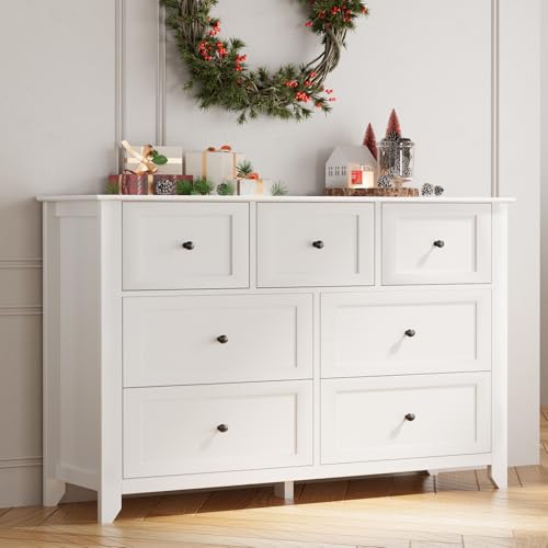 IDEALHOUSE 7 Chest of Drawers for Bedroom, 54''L Drawer Dresser, White | Simply 7 Drawer Dresser for Hallway Entryway, 15.8"D x 54"W x 31.5"H, Lacquered Storage Organizer for Living Room - color: White, size: 15.8"D x 54"W x 31.5"H (7 Drawers)
