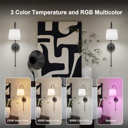Battery Operated Wall Sconces Set of Two,Rechargeable Wireless Wall Lights | Battery Wall Sconce for Living Room Bedroom,2 Battery Powered Wall Lamp with Magnetic Dimmable RGB Bulbs & Remote - Black - color: Black