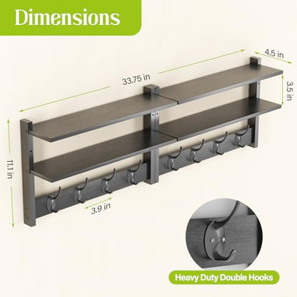 2 Tier Coat Rack Wall Mount with Shelf, 33" Wall Shelf with Hooks, Entryway Key Holder for Wall with 8 Heavy Duty Double Hooks, Coat Hook Wall Mounted for Bedroom, Living Room, Black - color: Black-2 Pack