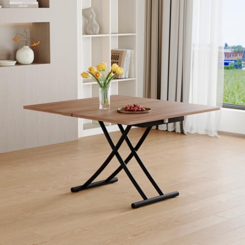 Liftable Folding Dining Table for 4, Adjustable Drop Leaf Table, Folding Coffee Table for Small Spaces, Scratch-Resistant Wood Top with Metal Frame for Apartment Kitchen Living Room - color: Dark Wood-black