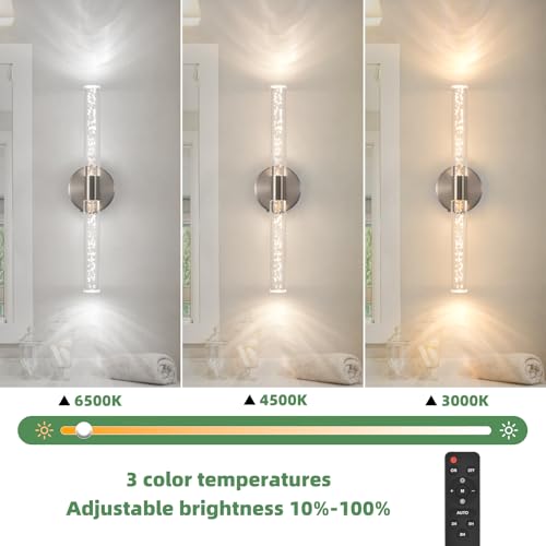 Modern LED Battery Operated Wall Sconces Set of Two, Dimmable Bathroom Crystal Wall Sconce, USB Rechargeable Brushed Nickel Vanity Wall Lamp, Bubble Wall Lights For Bedroom, Living Room. 20-Inch - color: Brushed Nickel