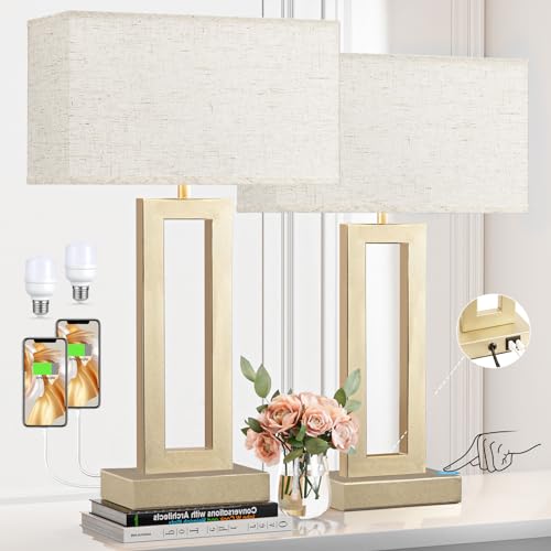 Seealle 22" Tall Bedroom Lamps for Living Room - Touch Gold Bedside Lamps with USB C+A, 3 Way Dimmable Lamp for Nightstand, Modern Night Stands Lamps for End Tables(Beige&Gold) - color: C. Beige&Gold, size: Large(22in)
