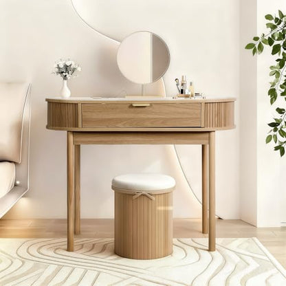 Fluted Small Computer Desk with Drawer, 40 Inch Mid-Century Modern Writing Desk with Solid Wood Legs,Compact Study Table for Small Spaces, Home Office, Bedroom,Walnut - color: Walnut
